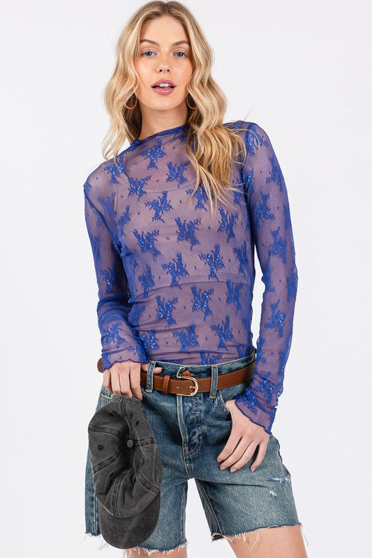 Long Sleeve Floral Lace Top Royal