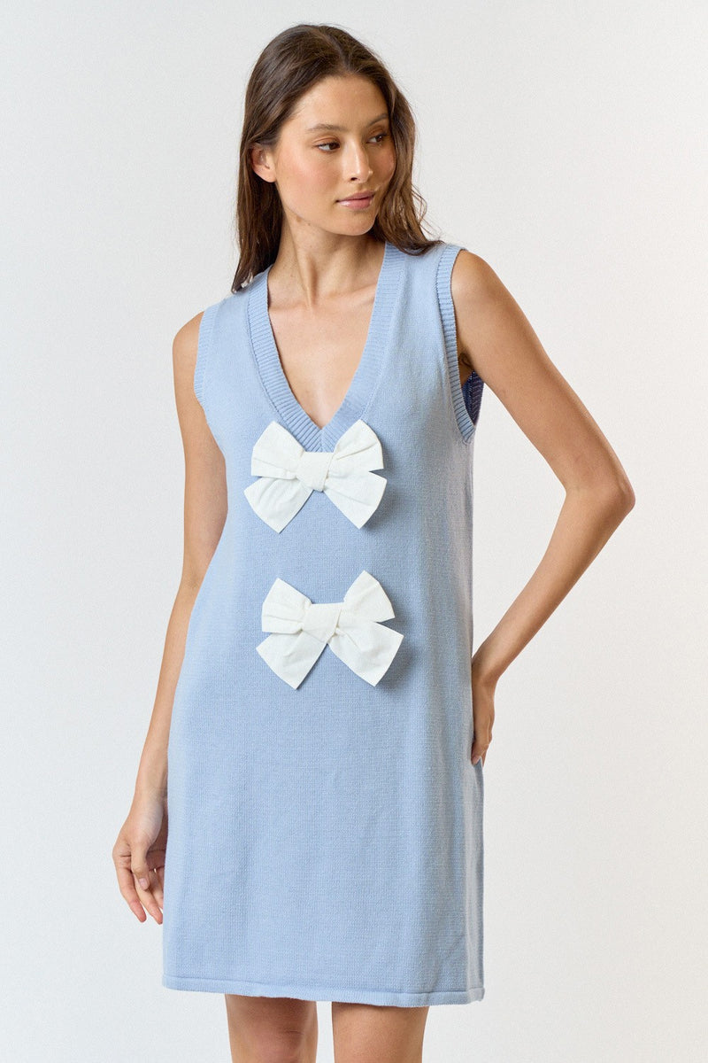 Front Bow Detail Sweater Mini Dress Sky/White