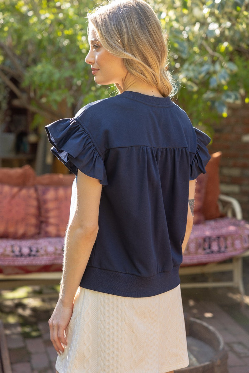 Ribbon Bow Ruffle Sleeve Top Navy