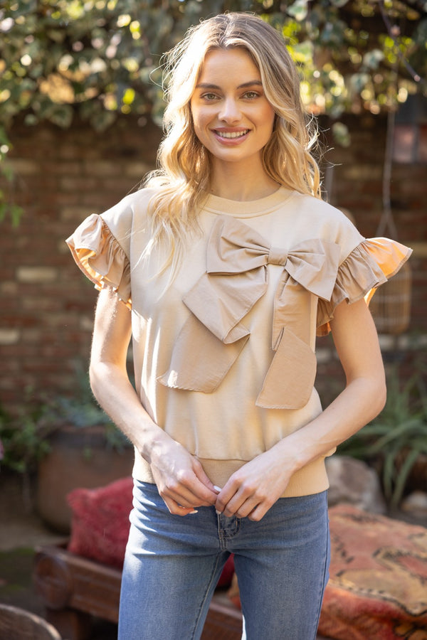 Ribbon Bow Ruffle Sleeve Top Taupe