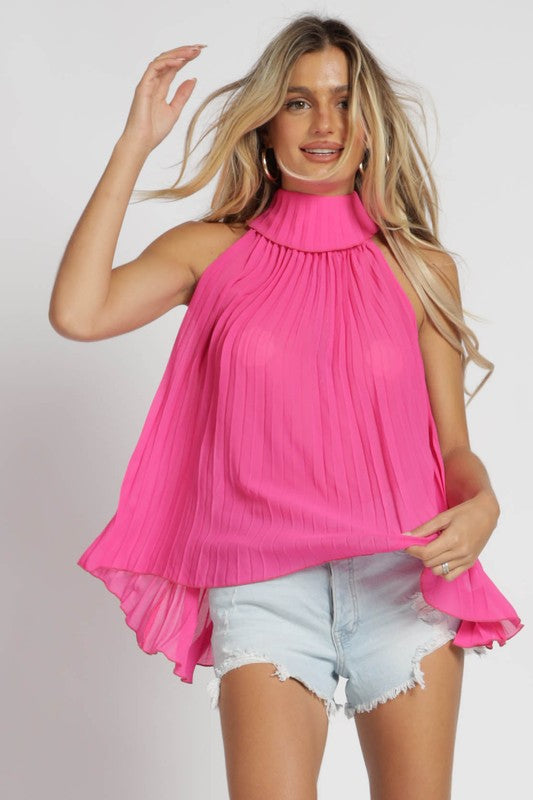 Pleated Chiffon Flowy Top Fuchsia