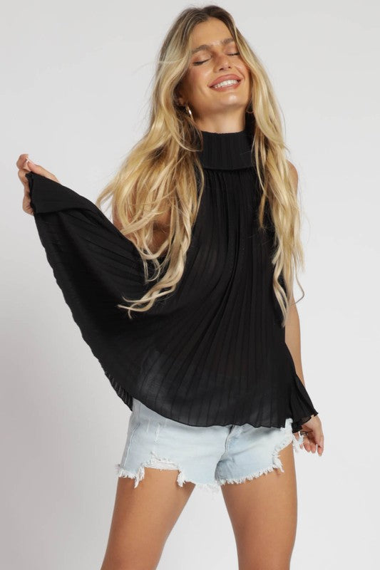 Pleated Chiffon Flowy Top Black