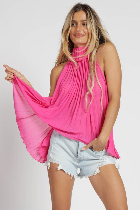 Pleated Chiffon Flowy Top Fuchsia