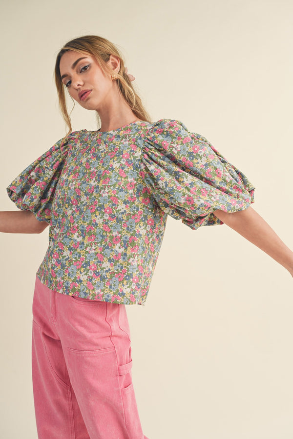 Bubble Sleeve Top Ivory/Pink Multi Floral