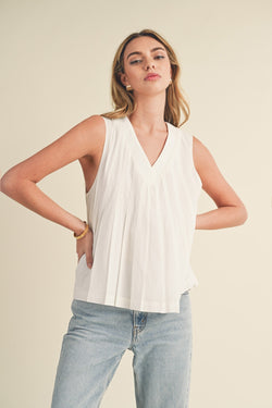 V-Neck Pintuck Flare Top White