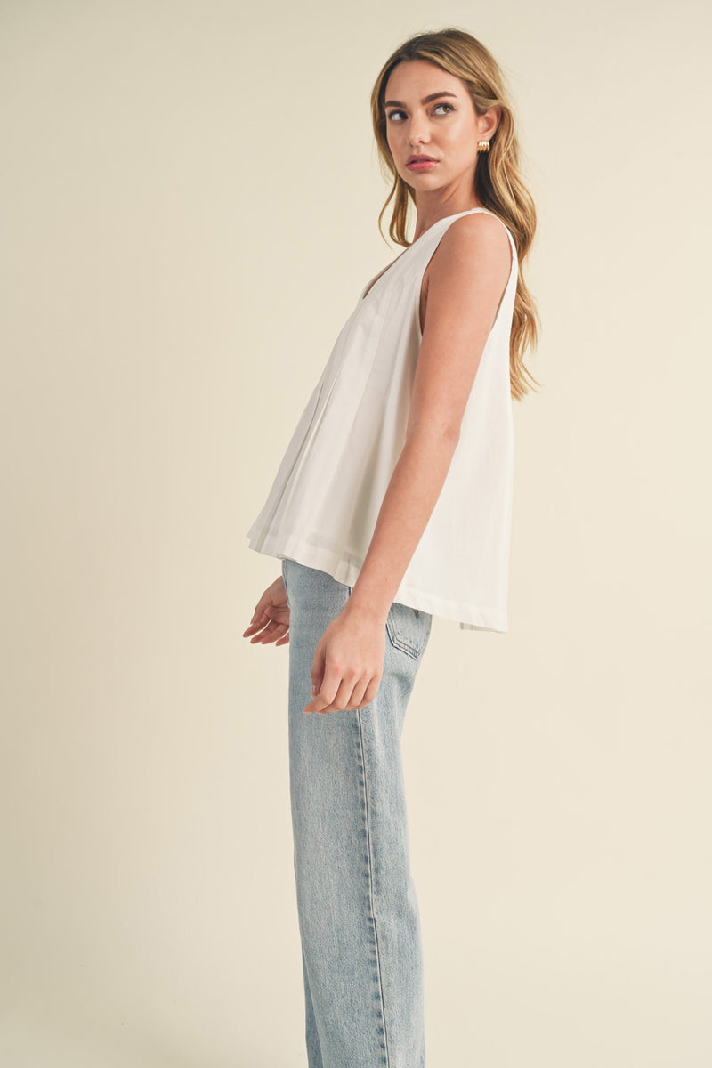 V-Neck Pintuck Flare Top White