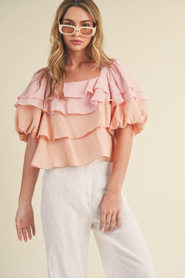 Colorblock Ruffle Tiered Top Pink