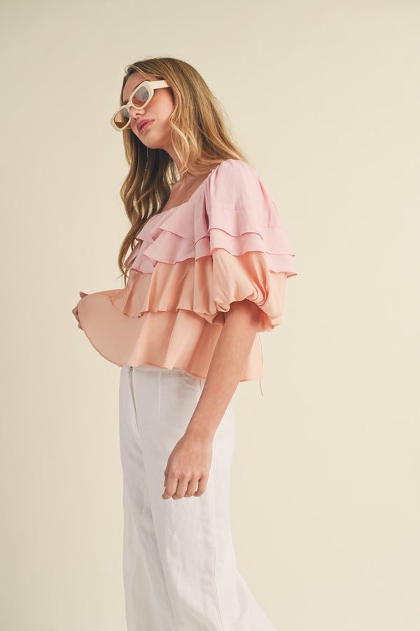 Colorblock Ruffle Tiered Top Pink