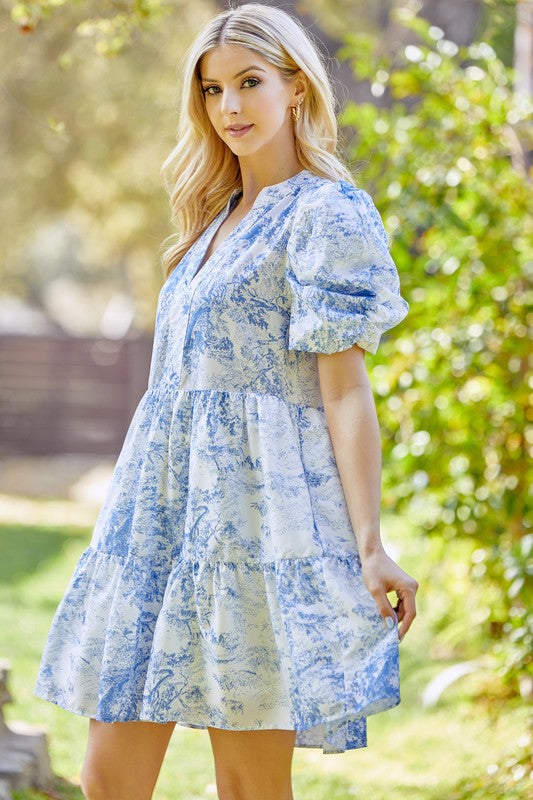 Patterned Babydoll Dress Blue