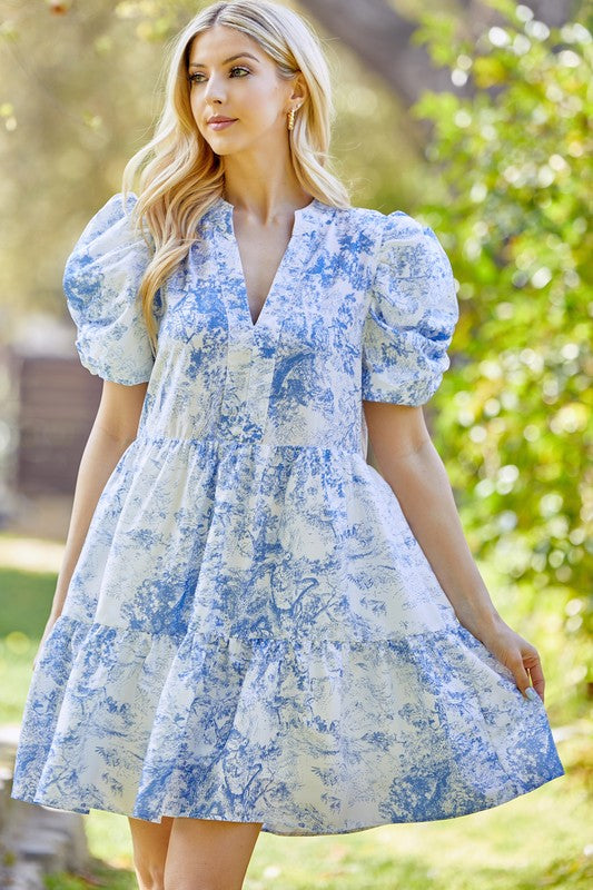 Patterned Babydoll Dress Blue