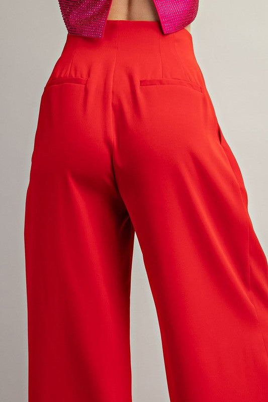 Solid Pleated Pants Red