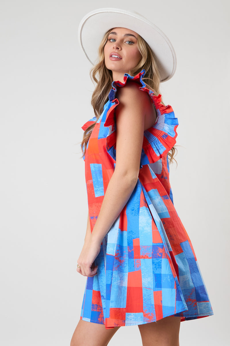 Geometric Print Dress Red/Blue Multi