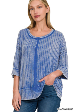 Ribbed Drop Shoulder Half Sleeve Top Classic Blue