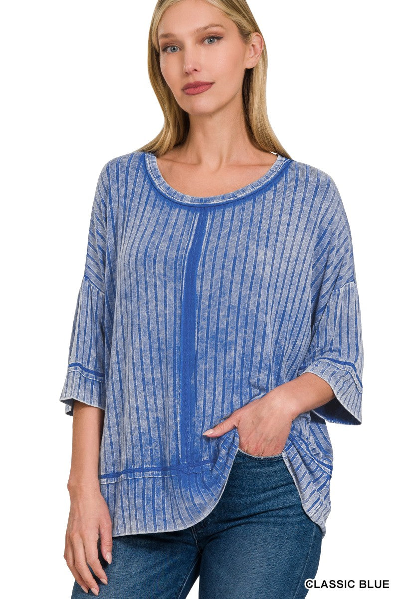 Ribbed Drop Shoulder Half Sleeve Top Classic Blue