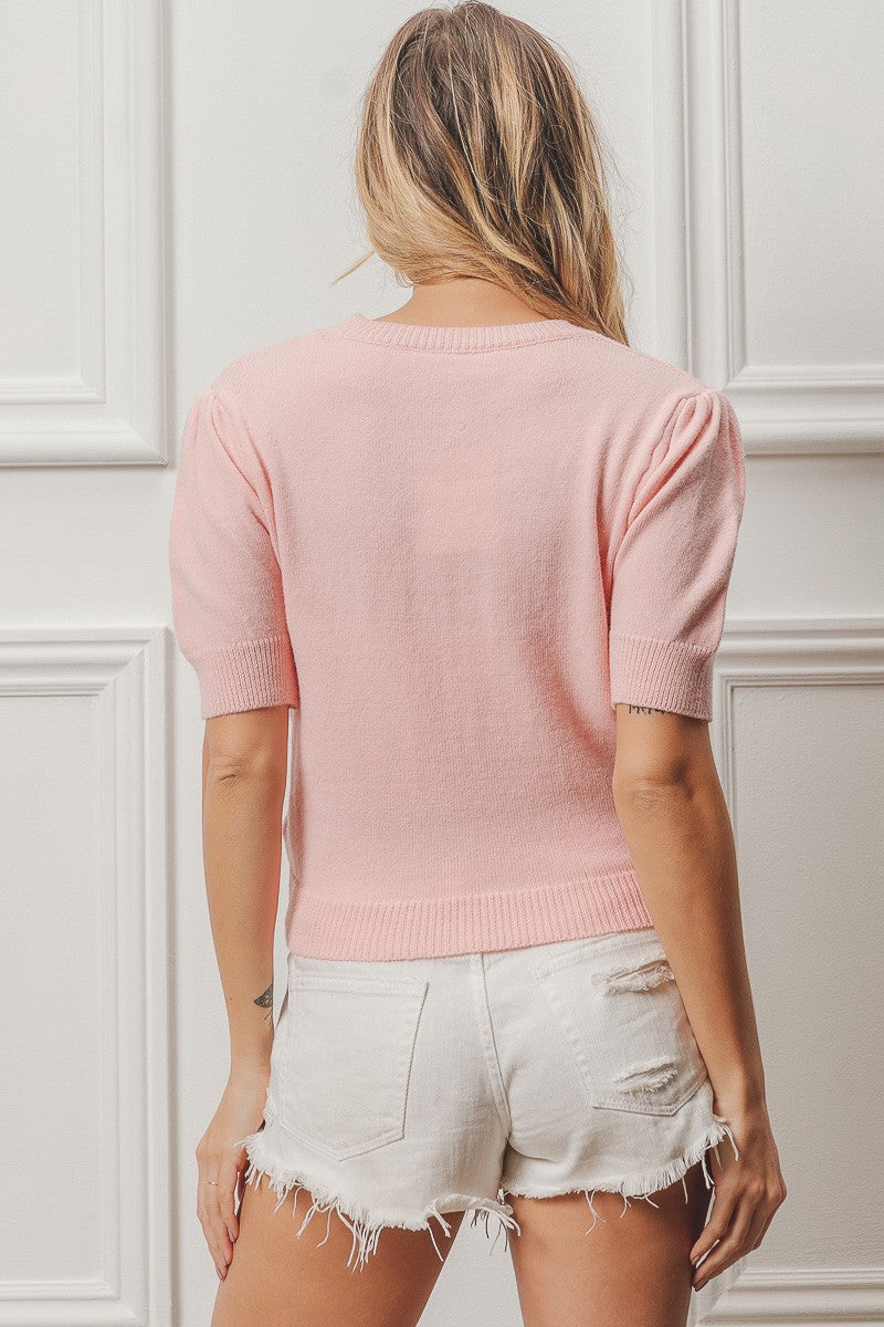 Knit Top w/ Front Bow Patch Pink