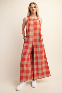 Check Print Wide Leg Jumpsuit Tomato