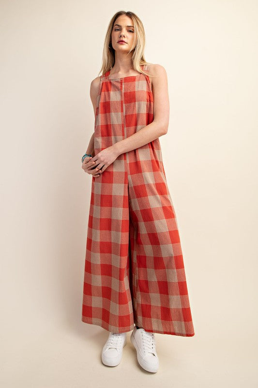 Check Print Wide Leg Jumpsuit Tomato