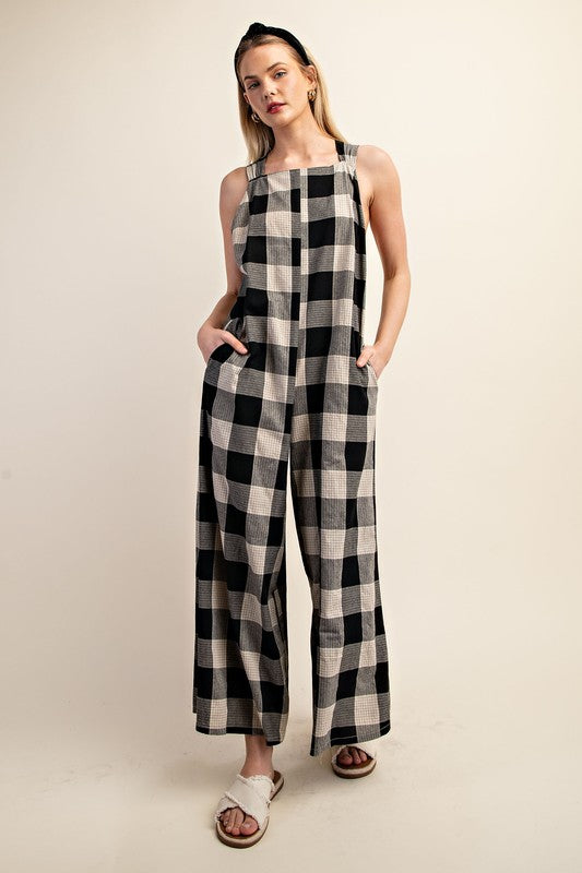 Check Print Wide Leg Jumpsuit Black