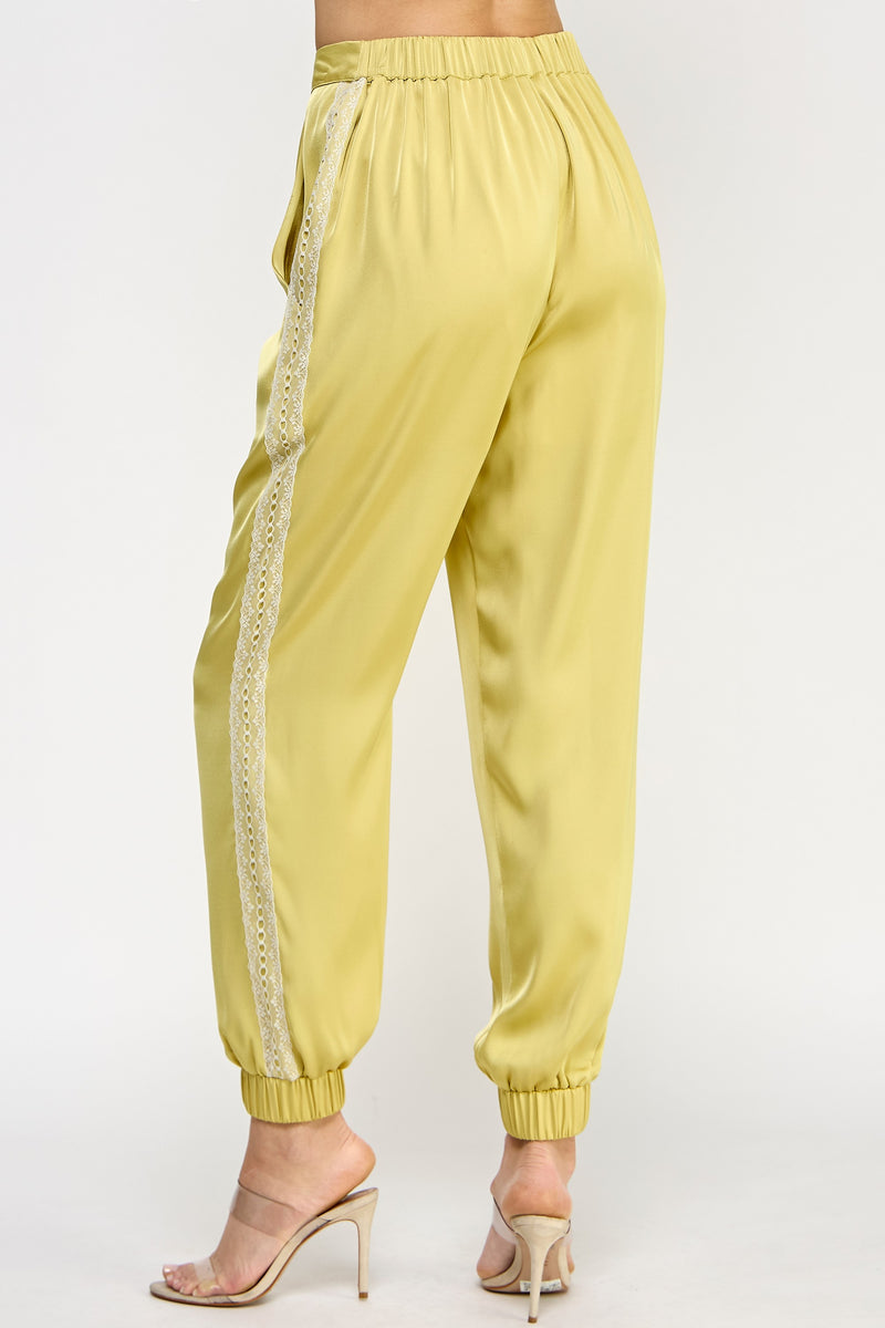 Tuxedo Lace Detail Satin Jogger Pants Lime