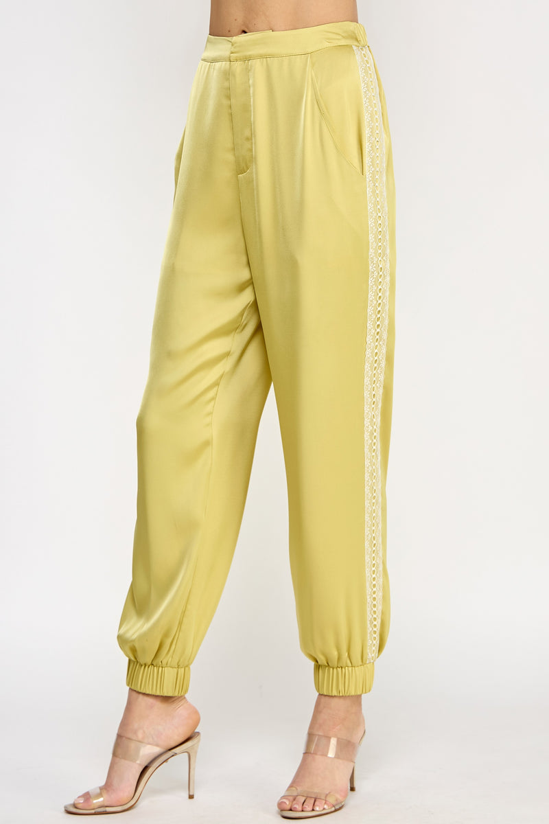 Tuxedo Lace Detail Satin Jogger Pants Lime