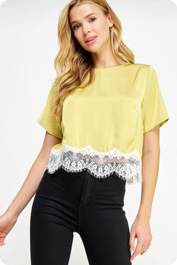 Lace Trim Satin Top Lime