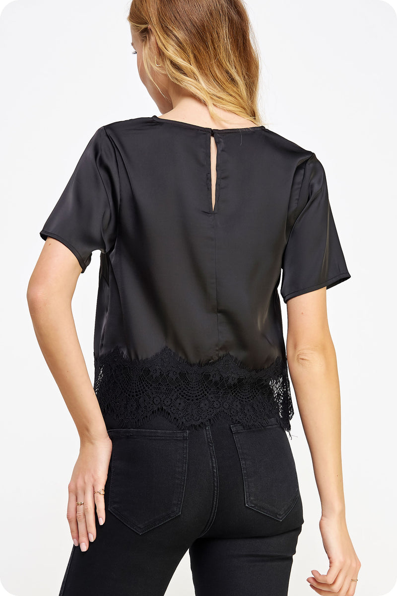 Lace Trim Satin Top Black