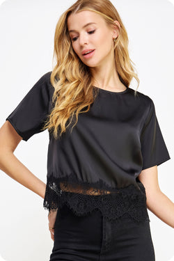 Lace Trim Satin Top Black