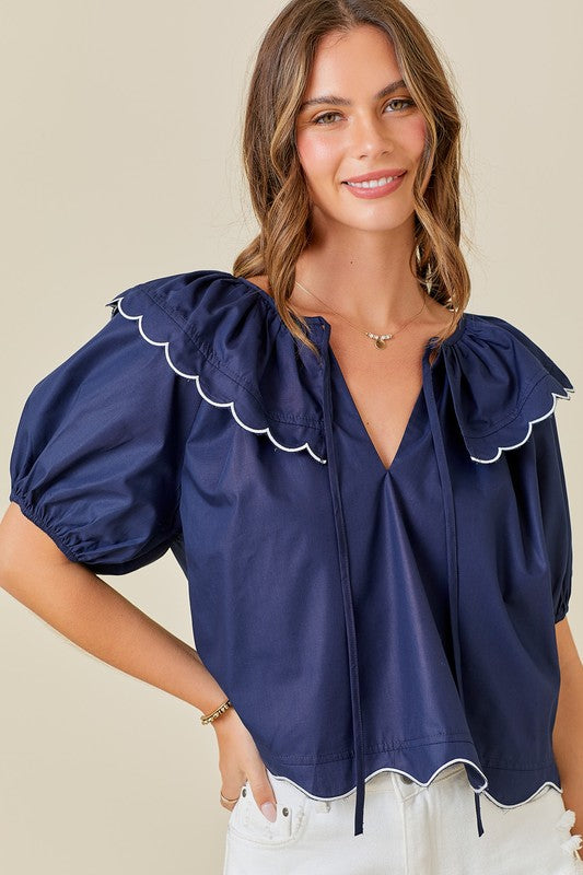 Scallop Hem Top Navy/White