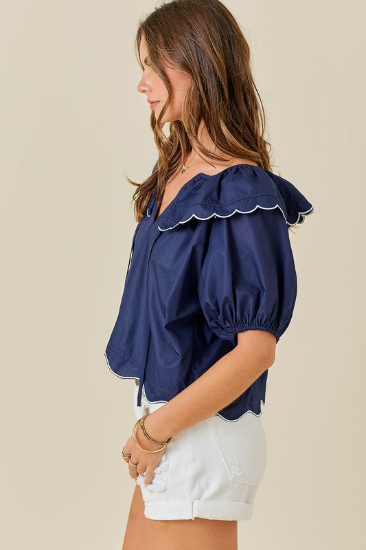 Scallop Hem Top Navy/White