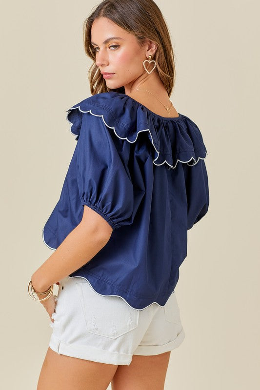 Scallop Hem Top Navy/White