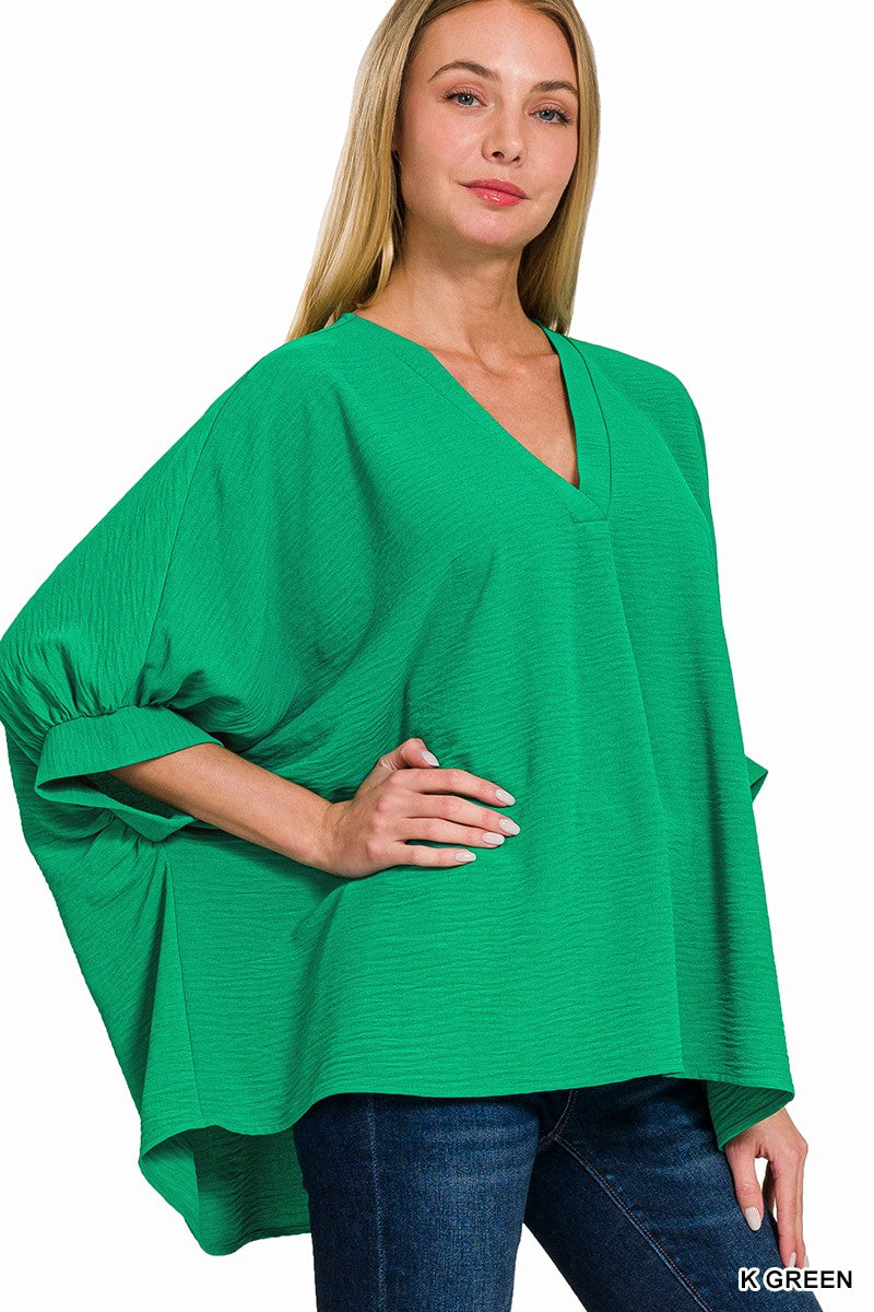 V-Neck Puff Half Sleeve Top K Green