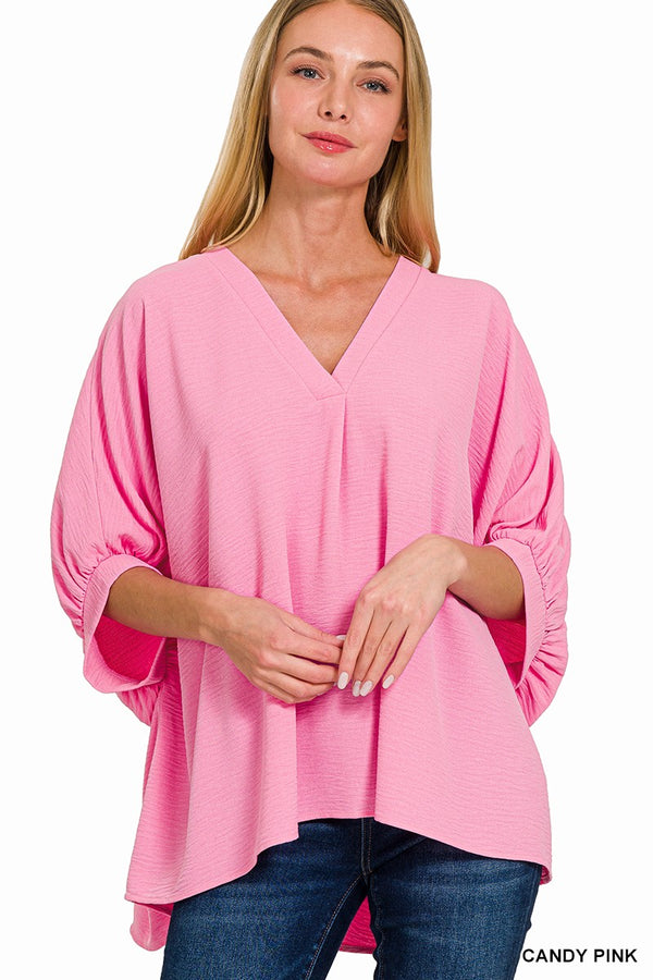 V-Neck Puff Half Sleeve Top Candy Pink