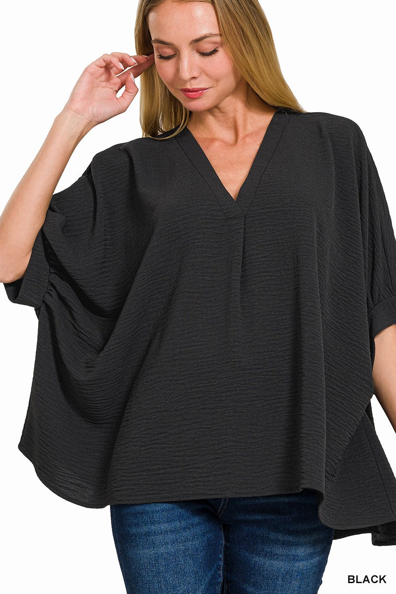 V-Neck Puff Half Sleeve Top Black