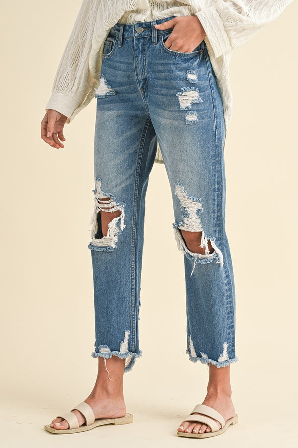 High Rise Distressed Crop Straight Jeans Denim