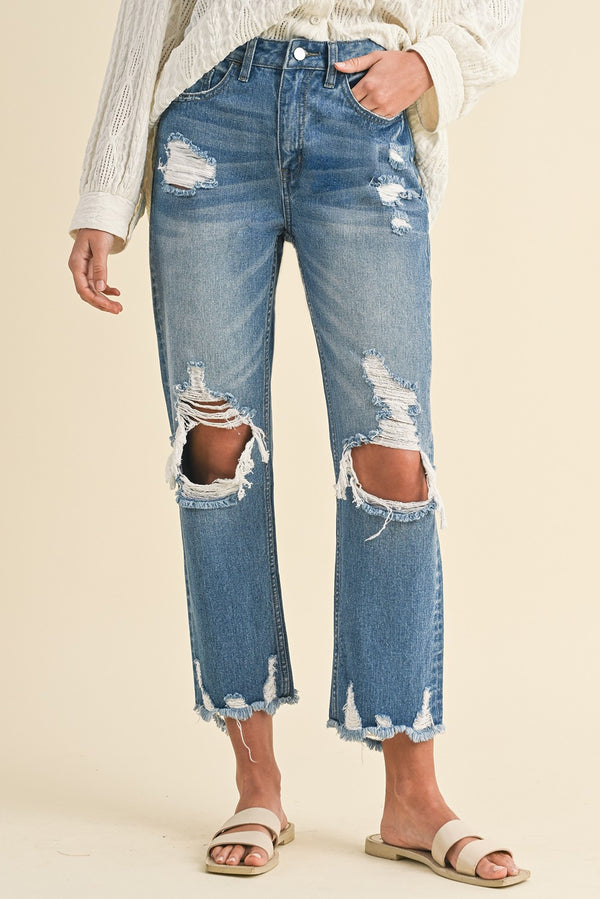 High Rise Distressed Crop Straight Jeans Denim