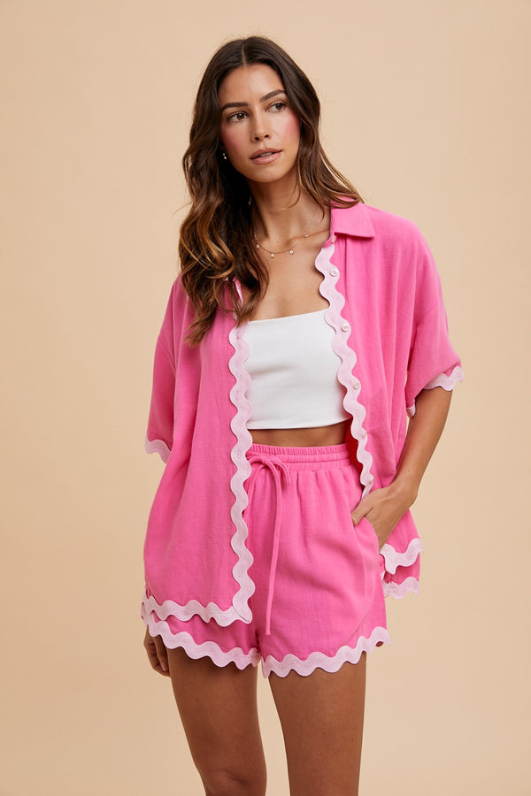 RIC RAC TRIM DETAILED SHIRT & SHORTS SET HOT PINK