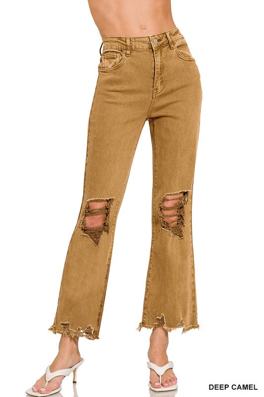 Acid Washed Distressed Straight Jeans Camel