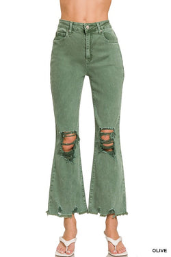 Acid Washed Distressed Straight Jeans Olive