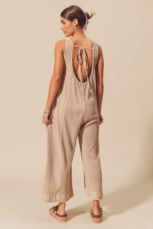 Thermal Waffle Wide Leg Overalls Oatmeal