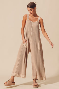 Thermal Waffle Wide Leg Overalls Oatmeal