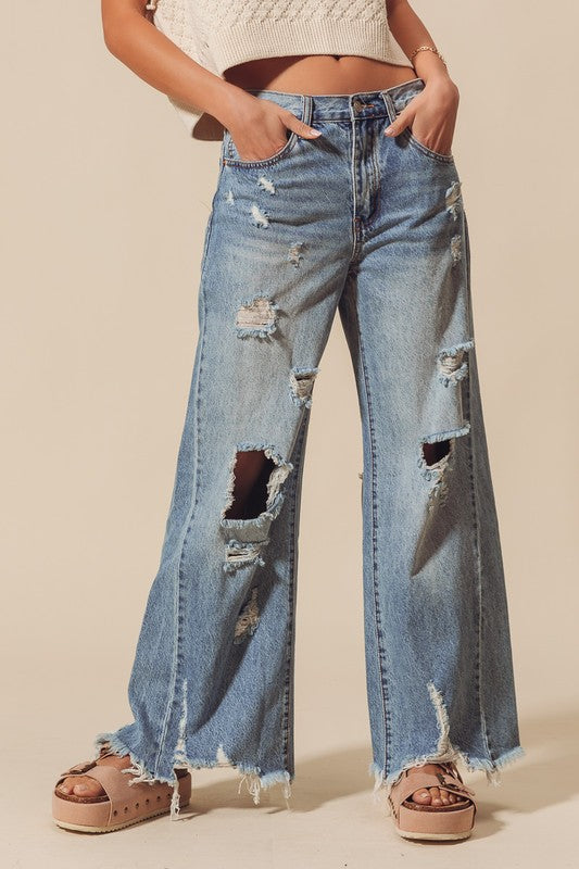 Mid Rise Wide Fit Distressed Jeans Denim