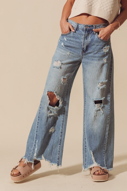 Mid Rise Wide Fit Distressed Jeans Denim