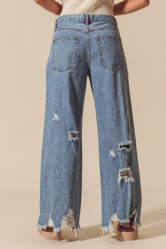 Mid Rise Wide Fit Distressed Jeans Denim