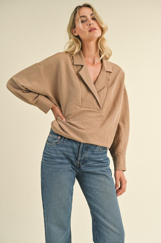 Collared Drop Shoulder Top Taupe