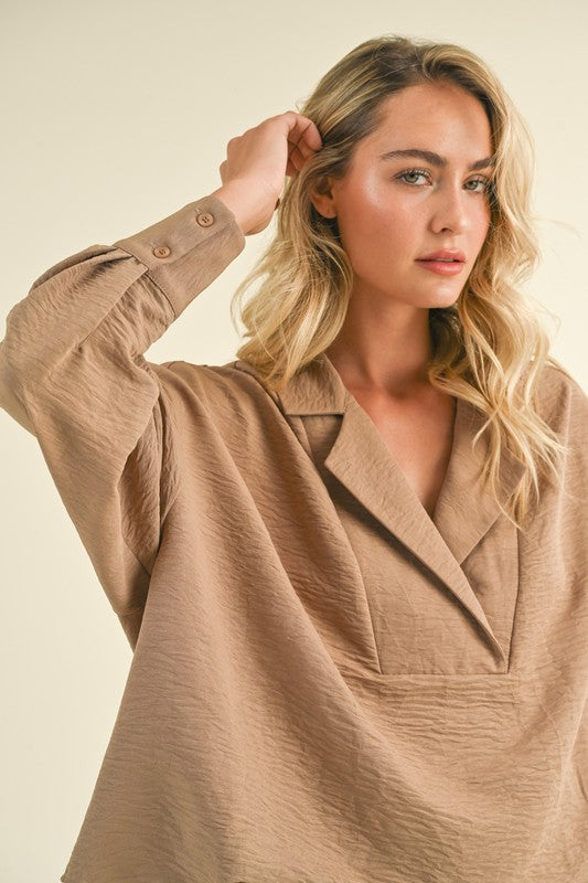 Collared Drop Shoulder Top Taupe