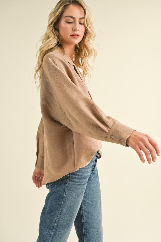 Collared Drop Shoulder Top Taupe