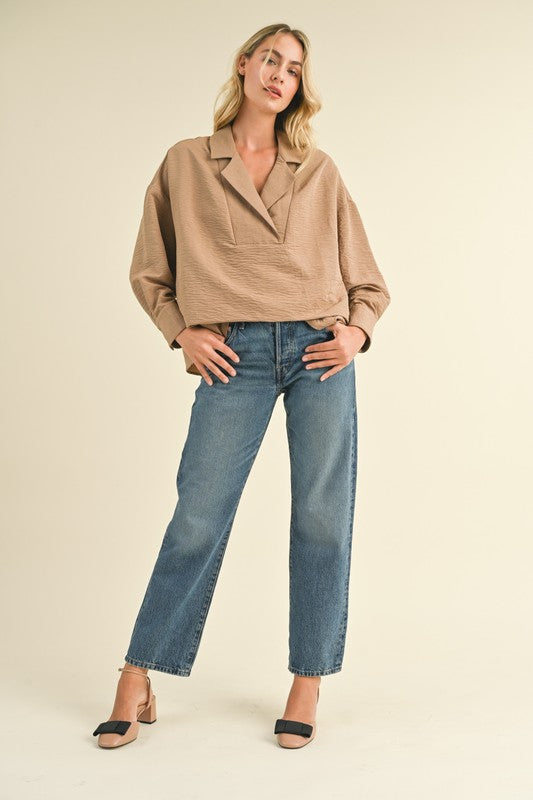 Collared Drop Shoulder Top Taupe