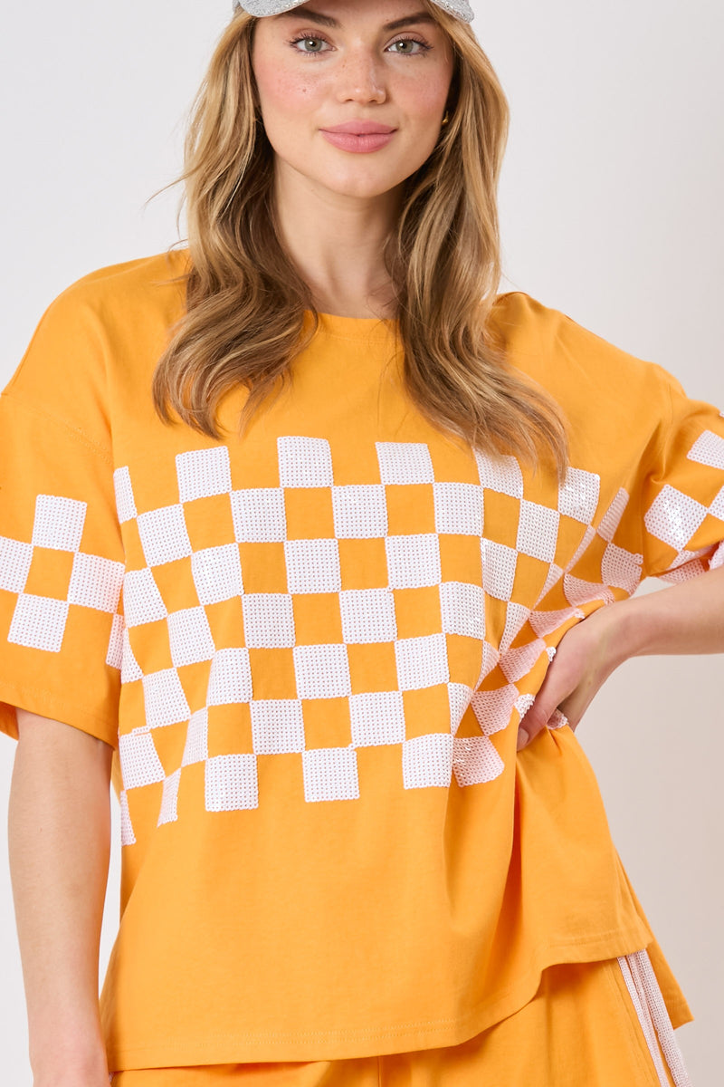 Sequins Checker Short Sleeve Top Orange