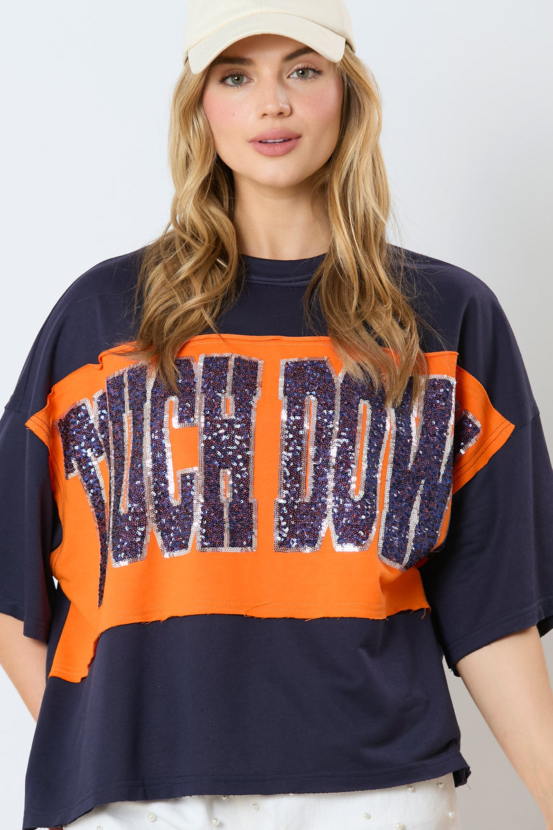 Touch Down Sequin Top Navy/Orange