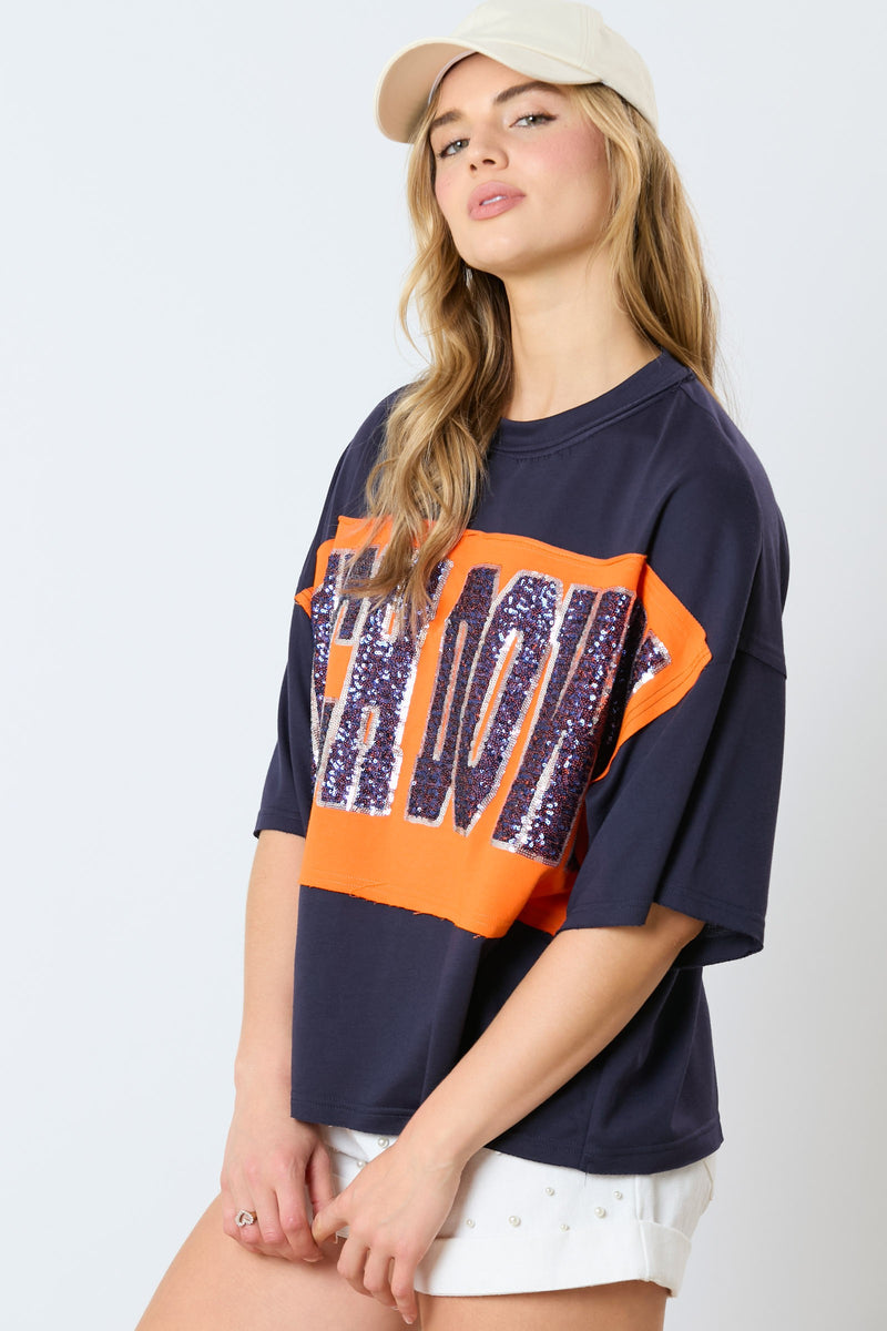 Touch Down Sequin Top Navy/Orange